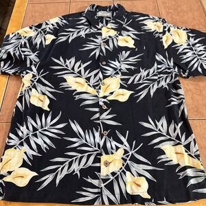 Vintage Tommy Bahama Black  Floral Hawaiian‎ Shirt Sz Large 100% Silk Aloha